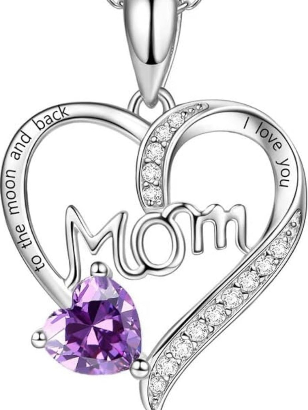 Silver 'Mom' Heart Pendant Necklace with Purple Heart Crystal